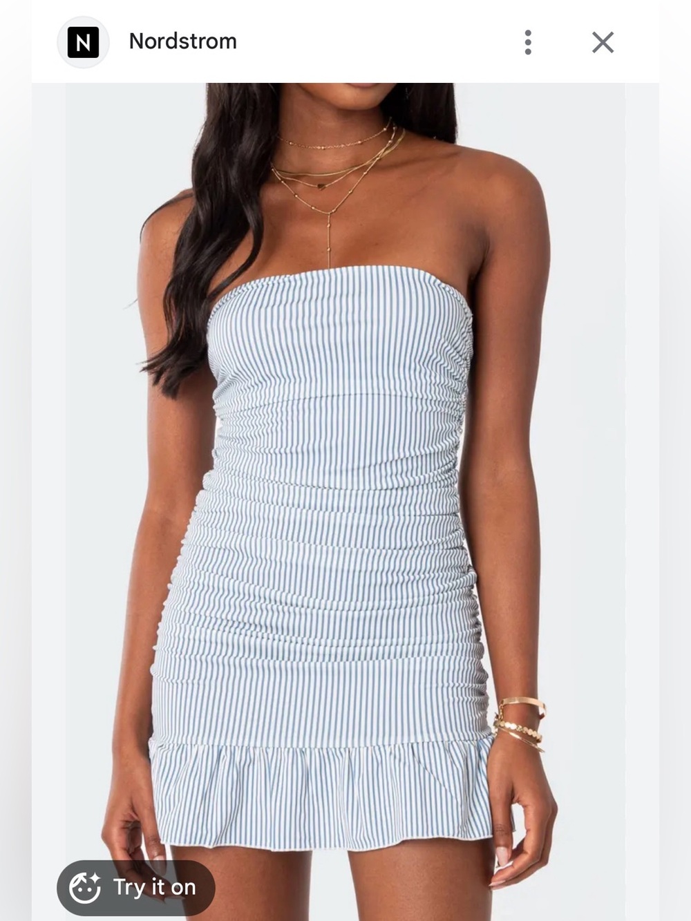 Edikted Blue and White Stripe Strapless Ruched Mini Dress
